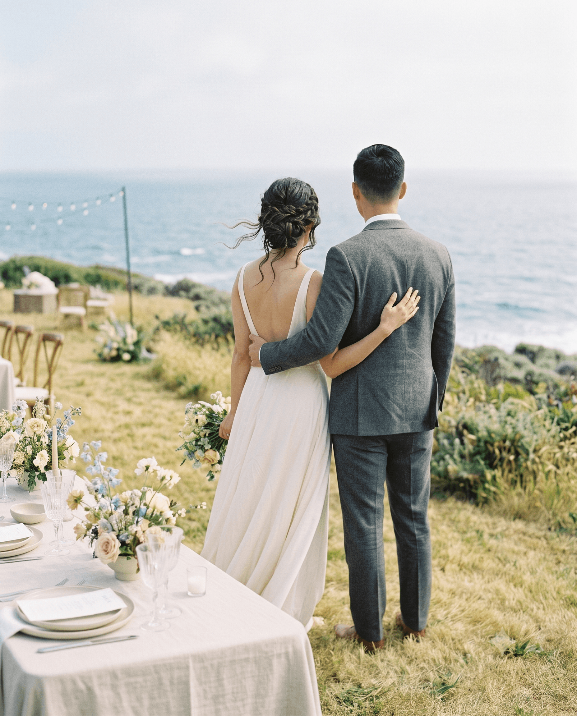 A couple standing arm in arm at their coastal reception, looking out over the ocean beside a set table.